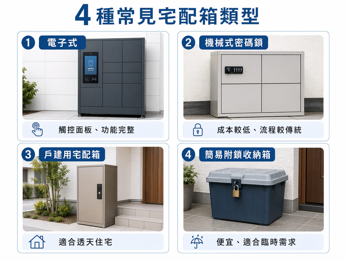4 種常見宅配箱類型對照：電子式、機械式密碼鎖、戶建用、簡易附鎖收納箱