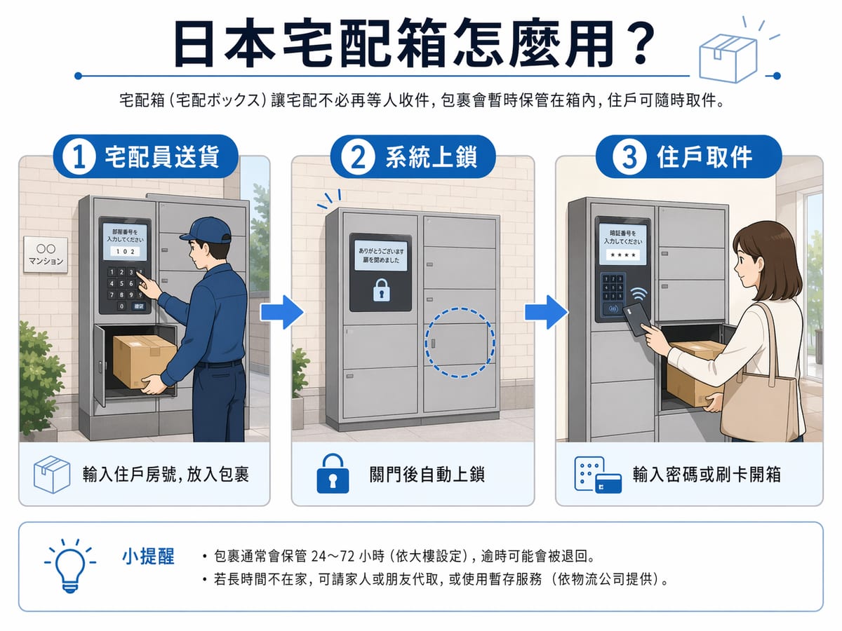 日本宅配箱使用 3 步驟：宅配員送貨、系統上鎖、住戶取件